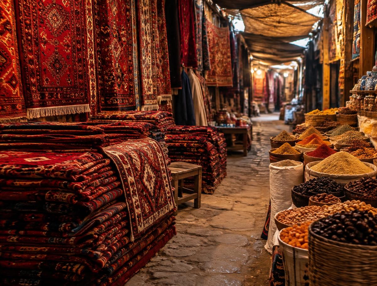 Carpets and spices in a traditional bazaar